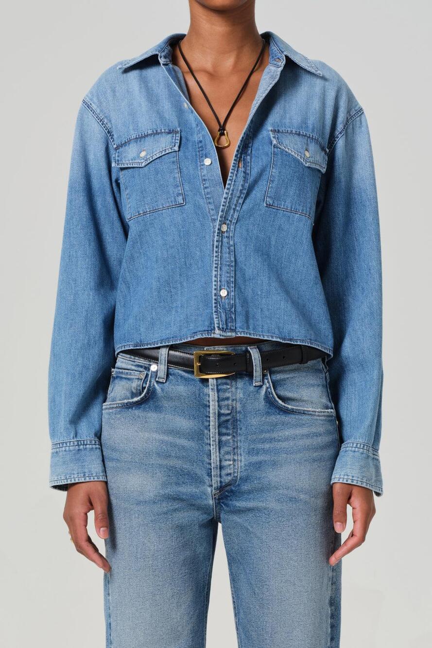 Citizens of Humanity Baby Shay Crop Denim Shirt in Carolina Blue L